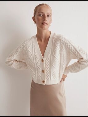 Madewell Cream Cable-Knit V-Neck Button Cardigan